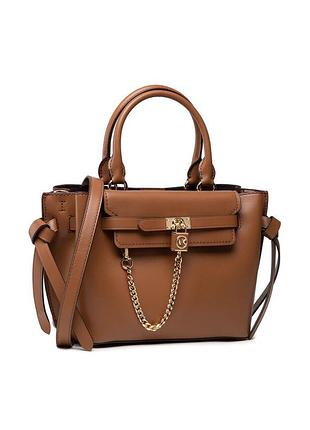 Шкіряна оригінальна сумка michael kors hamilton legacy small/large leather belted satchel у класичному коричневому відтінку (шкіра кольору luggage).