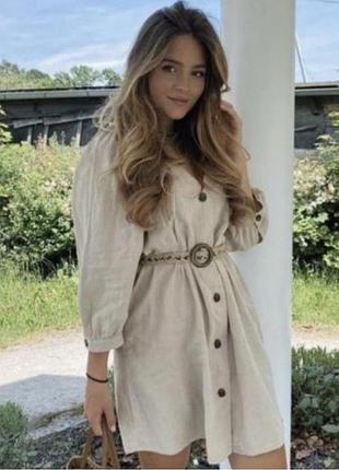 Платье короткий лен бежевое с поясом на пуговицах zara s m 9189/031