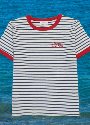 Zara kids «lovely fun club» стильная полосатая футболка рингер в рубчик 9–10 лет