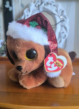 Оригинальная мягкая игрушка собачка в новогоднем колпаке ty beanie boos mac (мак)