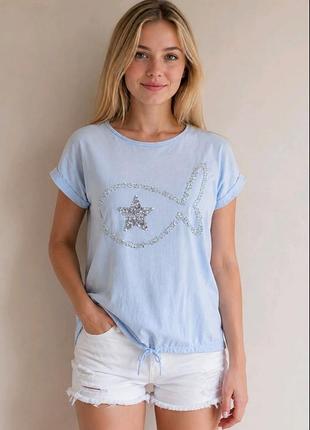 Блуза  комбинированная- лен, коттон декорирована серебристой рыбкой new collection m/l