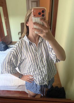 Лляна сорочка h&m linen blend s | оверсайз, біло-блакитна смужка