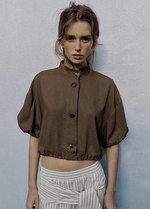 Супер стильна укорочена блуза zara на резинці по низу і рукавами туфами льон віскоза