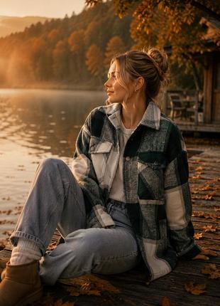 Куртка - тепла сорочка в клітинку 🖤 картата сорочка / пальто в клітинку зелену / куртка скатертина тепла сорочка рубашка в клітку