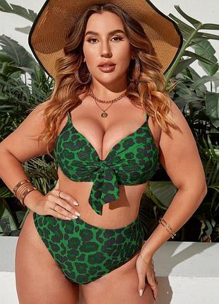 Жіночий роздільний купальник бікіні plus size з високими плавками зелений леопардовий 1xl