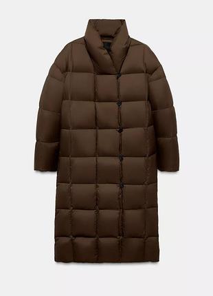 Довгий коричневий пуховик від zara / длинный коричневый пуховик от зара