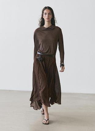 Коричнева спідниця massimo dutti міді/максі у горошок із віскози, розмір xs/s (eur 36)