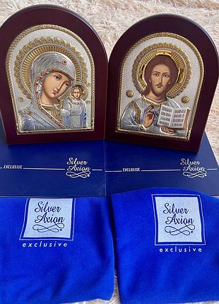Парні ікони 2 шт. божа матір казанська господь вседержитель спаситель silver axion греція 14,7*18 см срібло в оправі дерево