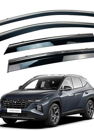 Дефлекторы окон (ветровики) hyundai tucson short wheel 2021+ нерж. з хром полоскою (hawk)
