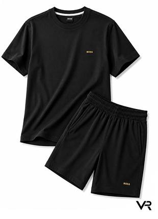 Спортивний костюм boss чоловічий чорний | комплект футболка та шорти premium casual