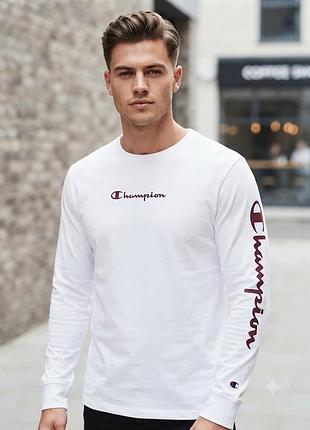 фирменный белый лонгслив champion с принтом на рукаве (оригинал)