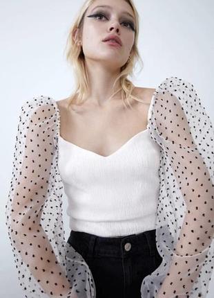 Топ zara білий з рукавами з фатину, розмір xs