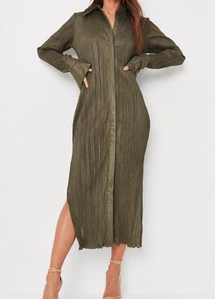 Невероятное платье-рубашка missguided (оливковое/хаки, плиссе)