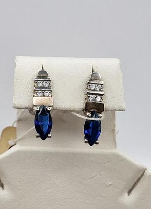 Сережки серебряные с сапфиром альпинитом и золотыми пластинами 3,99 г