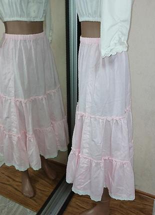 Юбка нижняя, юбка женская, хлопковая, светлая розового цвета, трехярусная. 3
