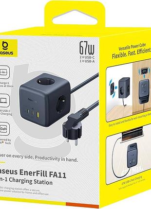 Зарядное baseus gan 67w с розетками 220 enerfill fa11 cube power strip 3