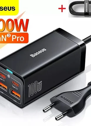 Сетевое зарядное устройство baseus gan3 pro desktop fast charger qc4.0 +pd3.0 100w 2usb+2type-c 5a + кабель baseus type-c to type-c 100w 20v/5a 1м чер 4