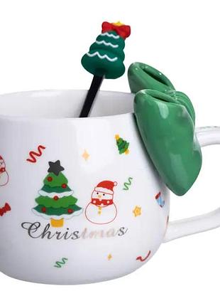 Новорічна порцелянова чашка з ложкою merry christmas 400 (мл) зелений yiwu fm-cs-19b