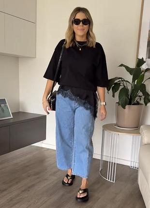 Трендова плотна футболка з мереживом та атласом zara бургунді