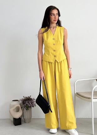 Льняной костюм комплект жилет жилетка и широкие брюки штаны лен котон