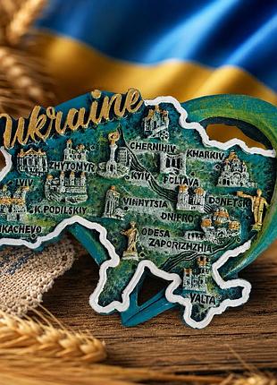 Магніт на холодильник "ukraine" карта україни з містами керамічний 10×8 см – сувенірна карта україни з пам'ятками