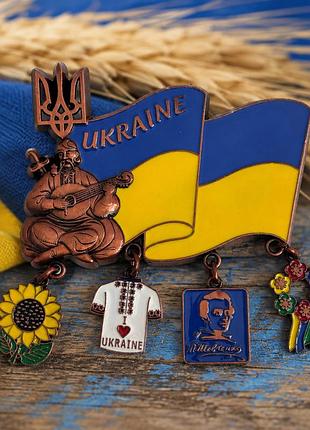 Сувенирный магнит на холодильник "украина" металлический 9×7 см – флаг украины, козак мамай, тризуб, подвески, патриотический