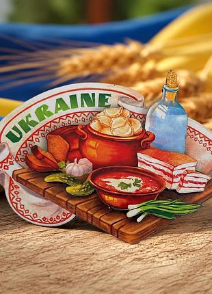 Сувенирный магнит "ukraine" 9×6,5 см – деревянный магнит на холодильник с блюдами украинской кухни, подарок из украины