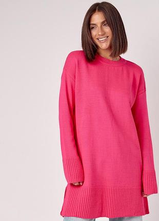 Женская вязаная туника oversize с разрезами по бокам - фуксия цвет, one size (есть размеры)