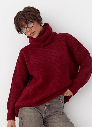 Женская вязаная туника с высокой горловиной - бордо плот, one size (имеется размеры)