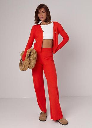 Вязаный женский костюм с брюками и кардиганом - терракотовый цвет, one size (имеется размеры)