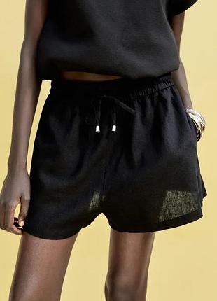 Шорти-боксери зі змішаної лляної тканини zara, чорні лляні шорти zara