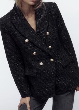 Черное серебристое букле пиджак, с шерстью, zara,золотые пуговицы