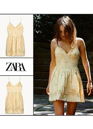 Сарафан р158-170 xs-s zara с вышивкой ажурным цветочным с карманами натуральный поплиновый бежевое платье