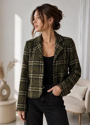 Жакет піджак букле m&s per una italian fabric вовняний у клітинку хакі uk12 m