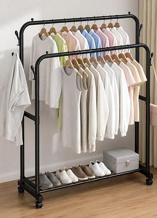 Двойная стойкая вешалка для одежды double floor hanger с полкой для обуви 143х110х42 black