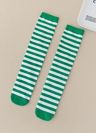 Шкарпетки дитячі бавовняні смугасті зелено-білі 3-12 років one size 4225 високі гольфи до колін у смужку трикотажні