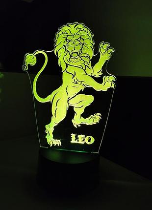 Світильник 3d лев leo/батарейка+220/ нічник для спальні, дитячої кімнати, декор, подарунок за знаком зодіаку