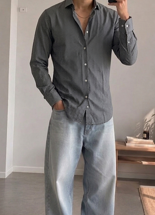 100% бавовна 👔 sergio 📌 чоловіча сорочка з довгим рукавом ✨ темно-сіра в мікропринт