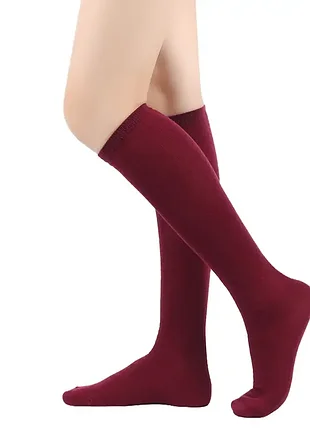 Гольфи однотонні нижче коліна бавовняні бордові one size 35-41р. 3088 високі шкарпетки трикотажні під коліна темно-червоні жіночі