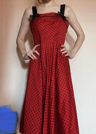 Вінтажна сукня hell bunny в стилі pin-up/rockabilly, міді, червона в горошок
