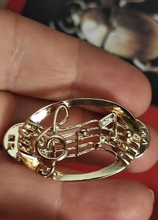 Брошь брошка двойной пин подарок музыканту скрипичный ключ ноты металл золотистый