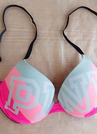 Бюстгальтер 75в черный плотный надпись розовая белая зеленая, bra victoria's secret pink
