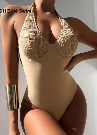 Новый бежевый слитный купальник женский