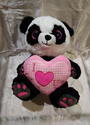 Велика м'яка іграшка ведмедик панда з серцем ведмідь