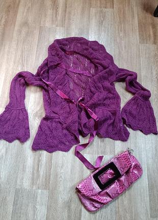 Стильная теплая ажурная кофта из альпаки фиолетового цвета shrinking violet