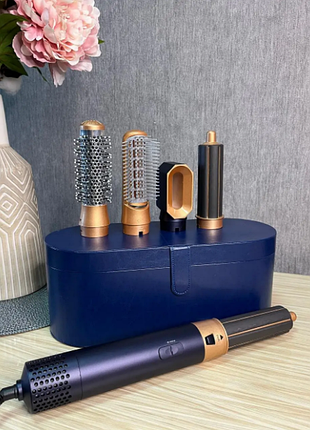 Стайлер 5в1 hair brush styler + коробка з функціями об'єму, випрямлення, накручування темно-синій.