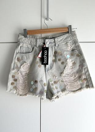 Джинсовые шорты boohoo новые высокая посадка с пайетками