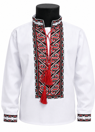 Вишиванка для хлопчика , тканина біла, орнамент червоно-чорний