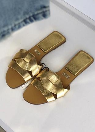 Трендові шльопанці zara 38 розміру в золоті шкіра