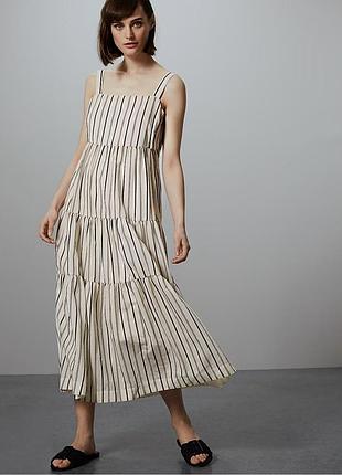 Длинный ярусный сарафан primark в полоску молочного цвета состав коттон с льном размер 14/l/48
